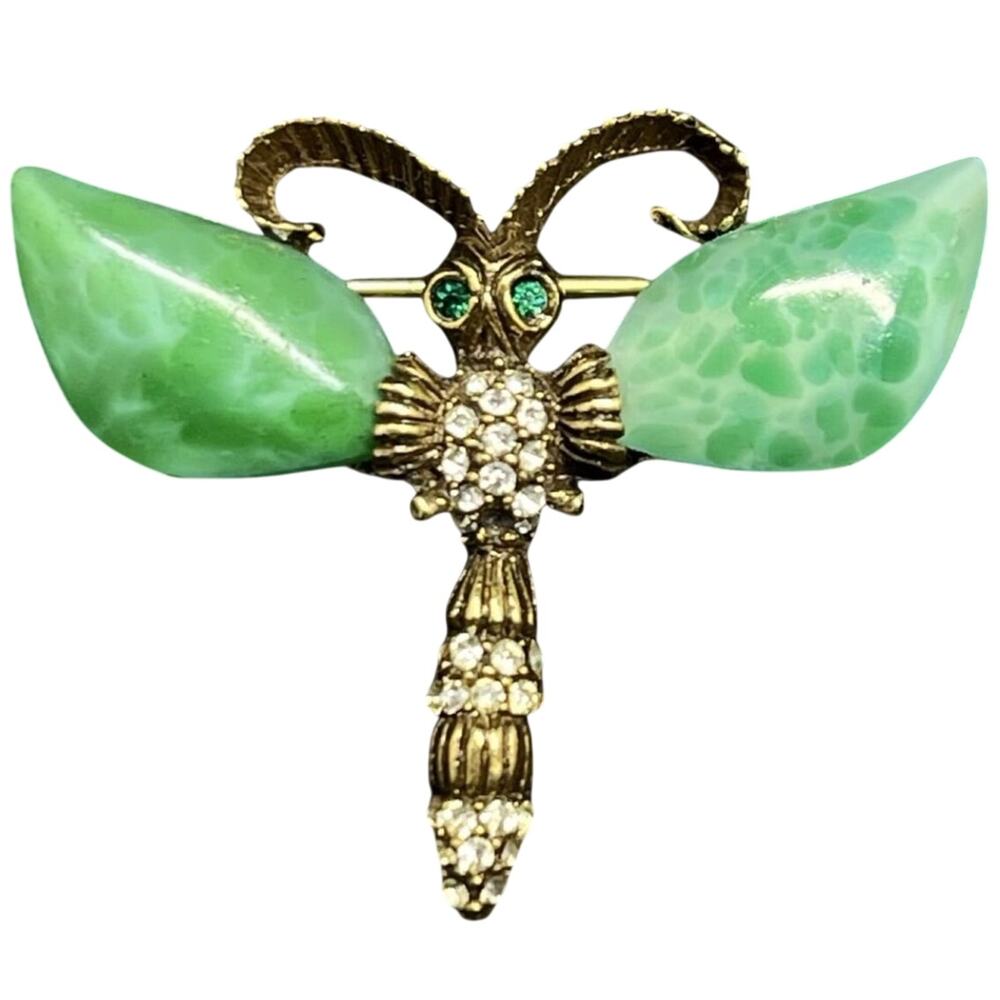 Rare VTG Signed JEANNE Dragonfly Brooch Green Marbled Lucite Wings Figural Pin